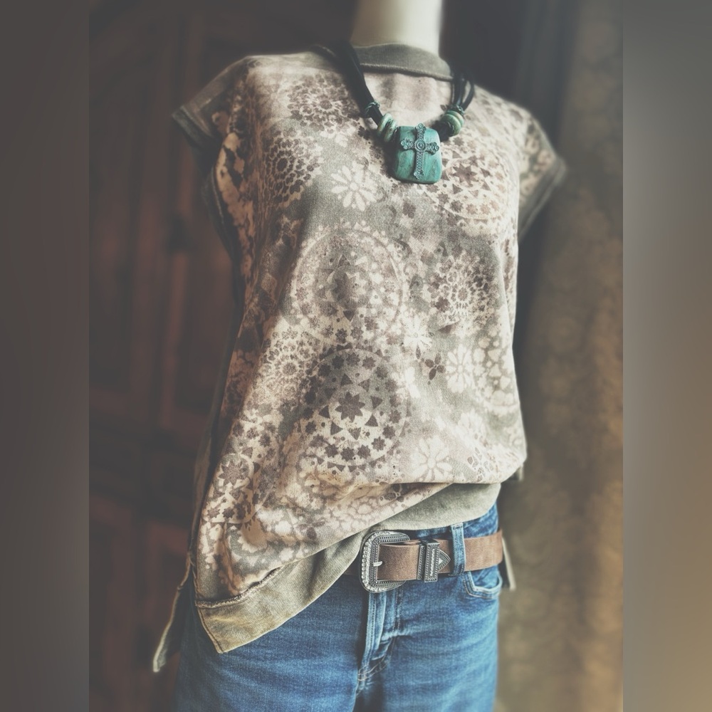 Hand Stamped Medallion Muscle Top High Low Raw Hem Artisan Wearable Art XXL